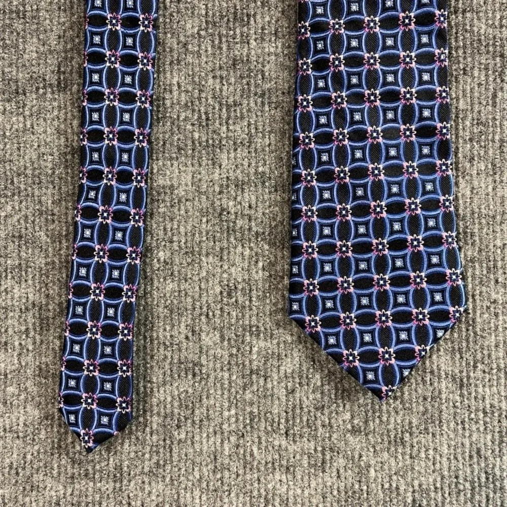 Bruno Piattelli Roma Silk Tie Blue Pink Geometric Floral Medallion Hand Made